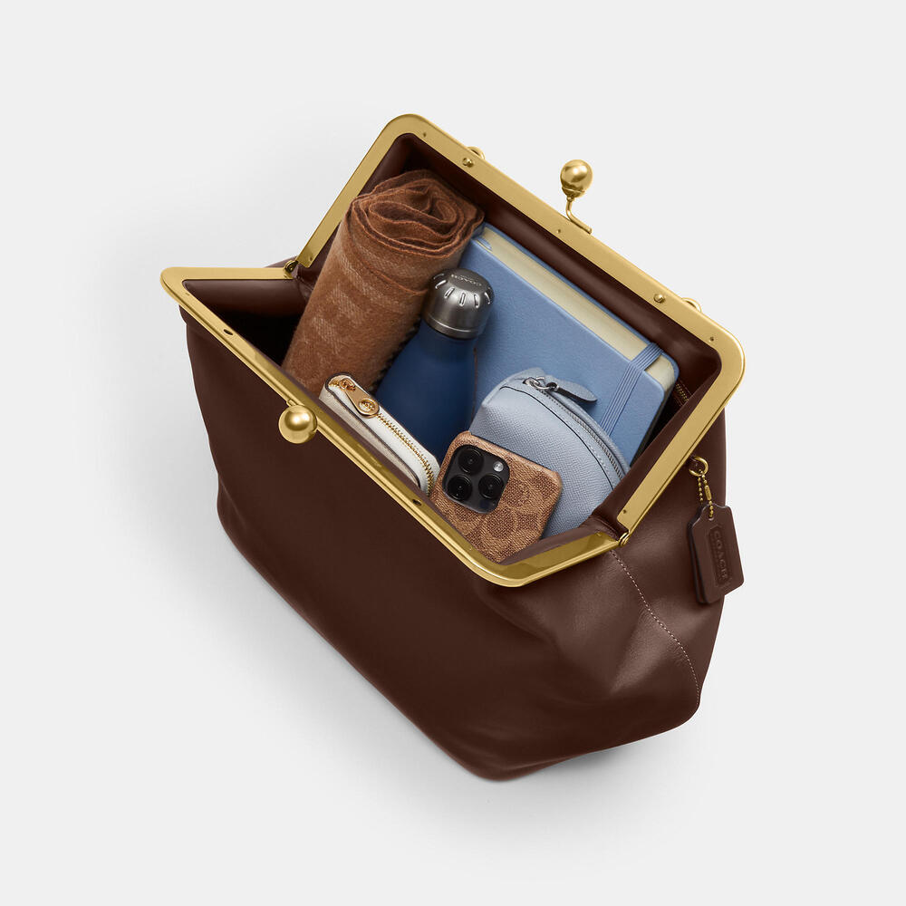 Coach Large Kisslock Frame Bag Designer Crossbody Brass/Brown w/Scratch - Picture 14 of 16